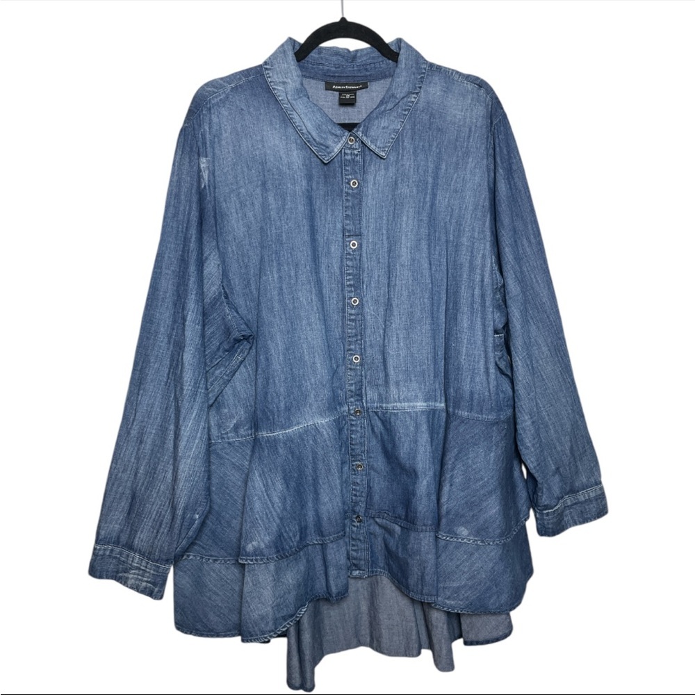 Ashley Stewart Denim Hi Low tiered Button Up Top
